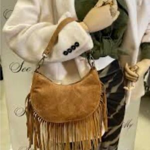 Genuine Suede Made in Italy Camel Baguette Shape Fringe Bag W Additional Strap
